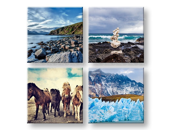 V boho stylu obraz s motivem Walking through the Iceland, koně, hory v modro-zelených odstínech | Obraz na stěnu Walking through the Iceland – náhled