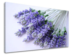 Detailní tisk kytice fialové levandule na plátně s viditelným dřevěným rámem Papilora.