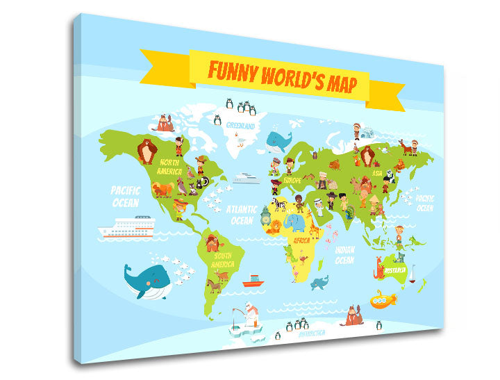 Na plátně je vyobrazena zábavná mapa světa s roztomilými zvířaty a lidmi v modrých a zelených odstínech, Papilora.
