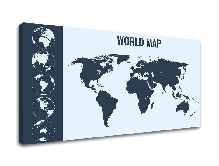 Detailní náhled kompozice zobrazuje mapu světa s nápisem 'WORLD MAP' a pět glóbů v tmavě modré a světle modré barvě Papilora.