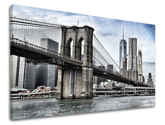 Umělecký tisk na plátně zobrazuje ikonický Brooklynský most s mrakodrapy New Yorku v pozadí, vše v šedých a modrých tónech, Papilora.