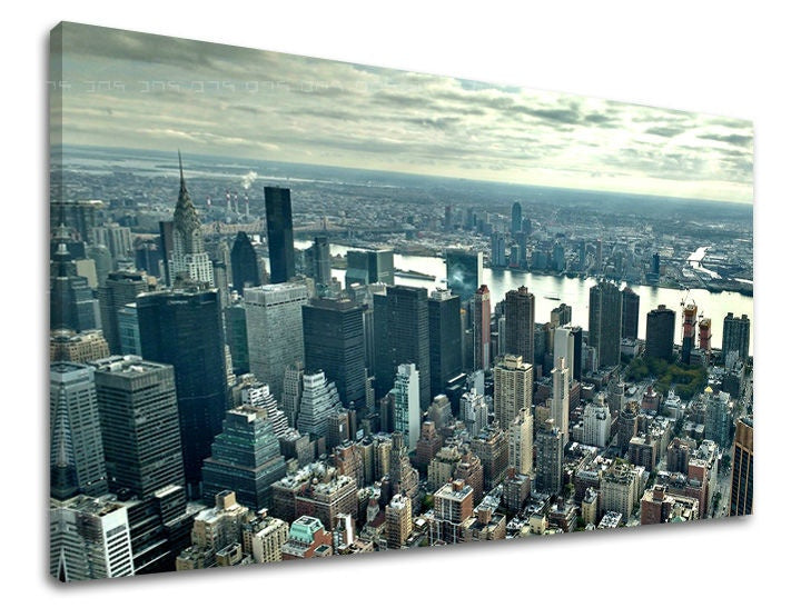 Na plátně je zobrazeno panoráma New Yorku s mrakodrapy a řekou pod zamračenou oblohou, Papilora.