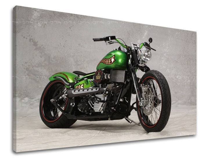 Na plátně je zobrazen detailně propracovaný zelený motocykl s chromovými prvky, který stojí na šedém pozadí, Papilora.