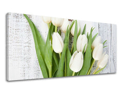 Detailní náhled na kompozici bílých tulipánů s jejich svěžími zelenými listy, Papilora.