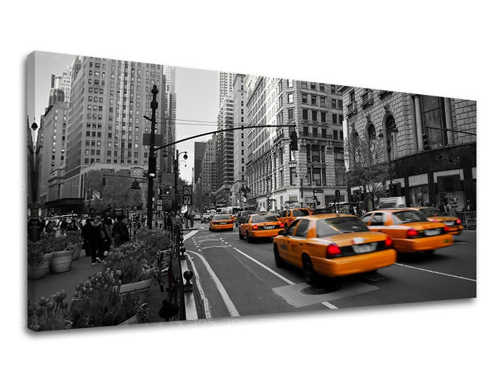 Umělecké dílo na plátně zobrazuje rušnou ulici New Yorku s ikonickými žlutými taxíky v pohybu, zatímco zbytek scény je v černobílém provedení, Papilora.