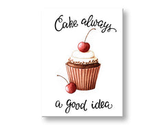 Moderní obraz na plátně s motivem příroda v bílo-hnědých odstínech, veselá atmosféra, vhodný do kuchyně | Obraz na stěnu s textom Cake always a good idea – hlavní