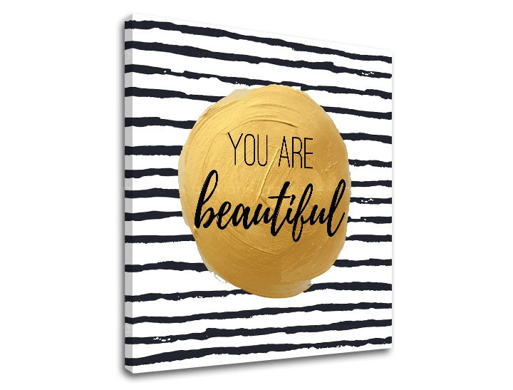 Industriální obraz na plátně v bílo-zlatých odstínech | Obraz na stěnu s textom You are beautiful, elegance – náhled