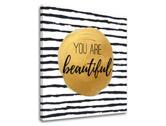 Industriální obraz na plátně v bílo-zlatých odstínech, povzbuzující atmosféra, elegance, vhodný do ložnice | Obraz na stěnu s textom You are beautiful – produkt