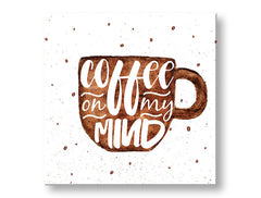 Moderní obraz na plátně s motivem šálek kávy, dětský motiv v bílo-hnědých odstínech, útulná atmosféra | Obraz na stěnu s textom Coffee on my mind – hlavní