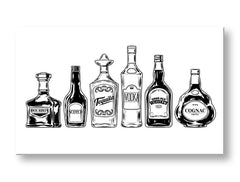 Obraz s černobílými lahvemi alkoholu visí v moderním interiéru nad dřevěnou konzolí s vázou a svíčkou, Papilora.