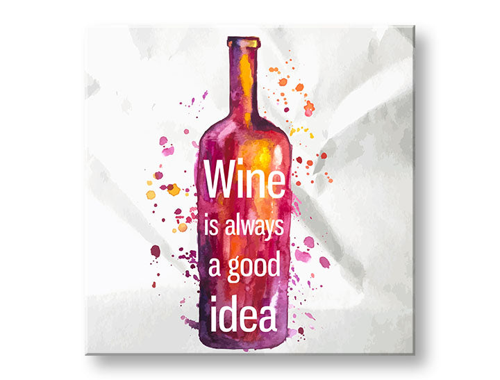 Obraz s akvarelovou láhví vína a nápisem „Wine is always a good idea“ v odstínech fialové a oranžové, zavěšený v moderním interiéru nad dřevěnou konzolí s vázou a svíčkou, Papilora.