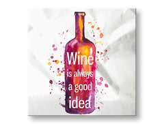 Obraz s akvarelovou láhví vína a nápisem „Wine is always a good idea“ v odstínech fialové a oranžové, zavěšený v moderním interiéru nad dřevěnou konzolí s vázou a svíčkou, Papilora.