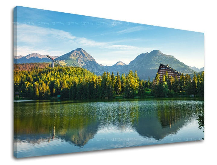 Na tomto plátně je zobrazeno Štrbské pleso s horami a lesy, odrážejícími se na klidné vodní hladině, pod jasně modrou oblohou Papilora.