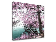 V boho stylu obraz na plátně s motivem stromy, krajina, květy, příroda v růžových odstínech, klidná atmosféra, příroda a samota, vhodný do ložnice – hlavní