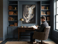 Malovaný obraz na zeď NOSOROŽEC 80x120 cm – ručně malovaný obraz v elegantním interiéru (Bohemian warm) | wall mockup | premium canvas | Papilora.sk