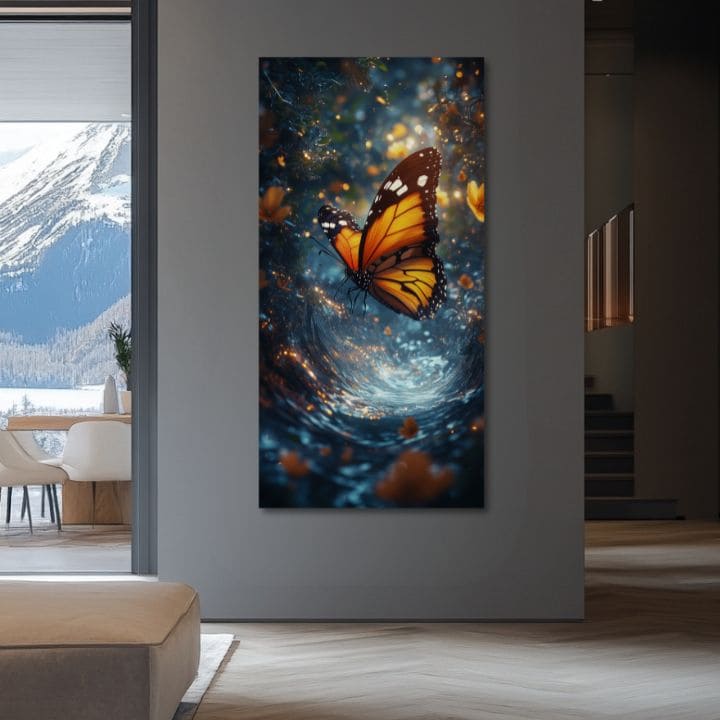 Moderní obraz na plátně s motivem Oranžového Motýla - Magická atmosféra, motýl v tyrkysovo-oranžových odstínech, éterická atmosféra | Obraz Oranžového Motýla - Magická atmosféra – produkt, pohled 3