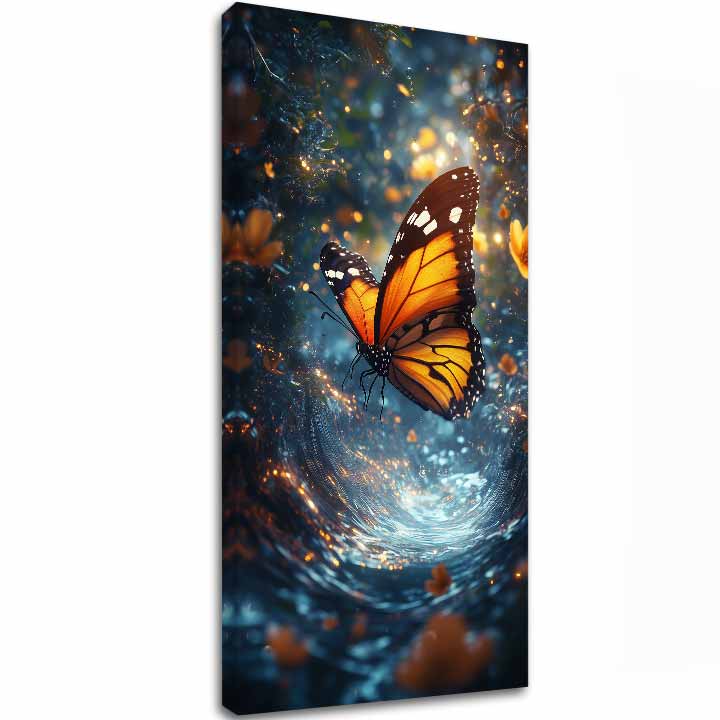 Moderní obraz na plátně s motivem Oranžového Motýla - Magická atmosféra, motýl v tyrkysovo-oranžových odstínech, éterická atmosféra | Obraz Oranžového Motýla - Magická atmosféra – hlavní