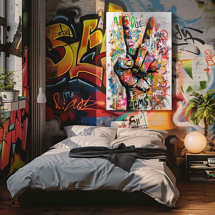 Obraz s gestem vítězství ve stylu graffiti visí v moderním interiéru nad dřevěnou konzolí s vázou a svíčkou, Papilora.