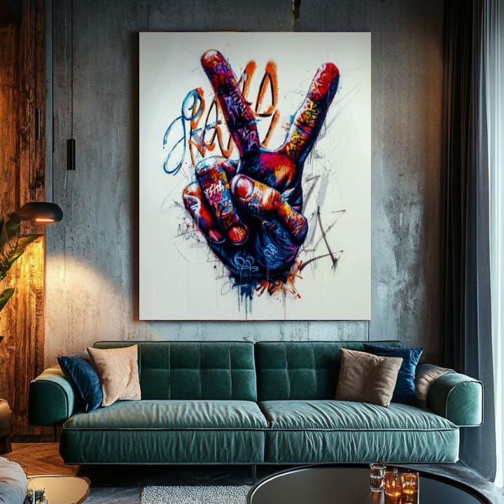 Obraz s motivem graffiti ruky v zářivých barvách visící v moderním interiéru nad dřevěnou konzolí s vázou a svíčkou Papilora.