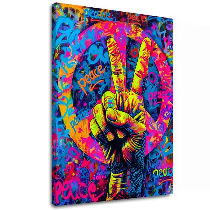 Ručně malované plátno zobrazuje ruku se symbolem míru na pozadí barevných graffiti s nápisy "peace" v odstínech modré, růžové a žluté, s viditelným dřevěným rámem Papilora.