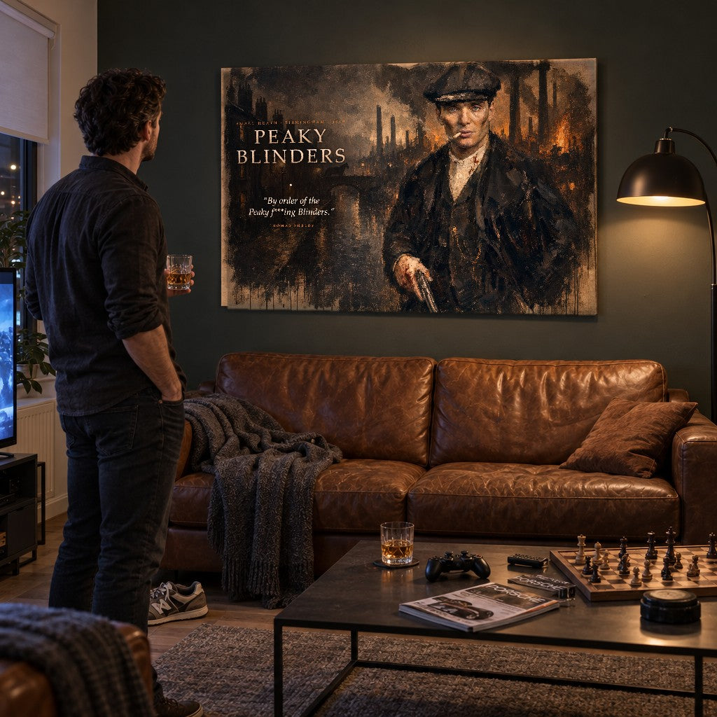 Detailní pohled na obraz Peaky Blinders v tmavém obývacím pokoji, kde muž s whisky v ruce obdivuje dramatické umělecké dílo.