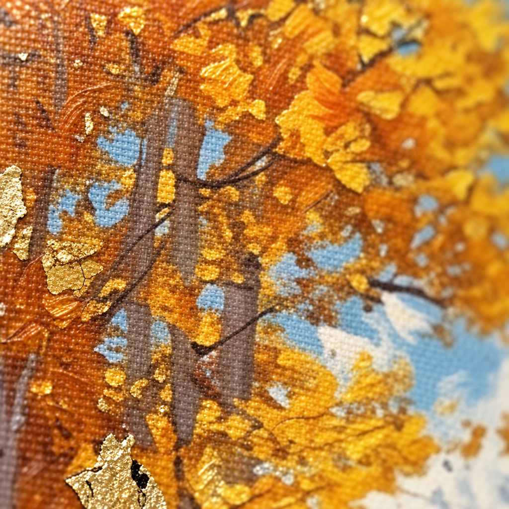 Detailní makro záběr ručně malovaných impasto tahů akrylovou barvou na povrchu obrazu, viditelná textura a reliéfní struktura plátna.