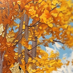 Detailní makro záběr ručně malovaných impasto tahů akrylovou barvou na povrchu obrazu, viditelná textura a reliéfní struktura plátna.