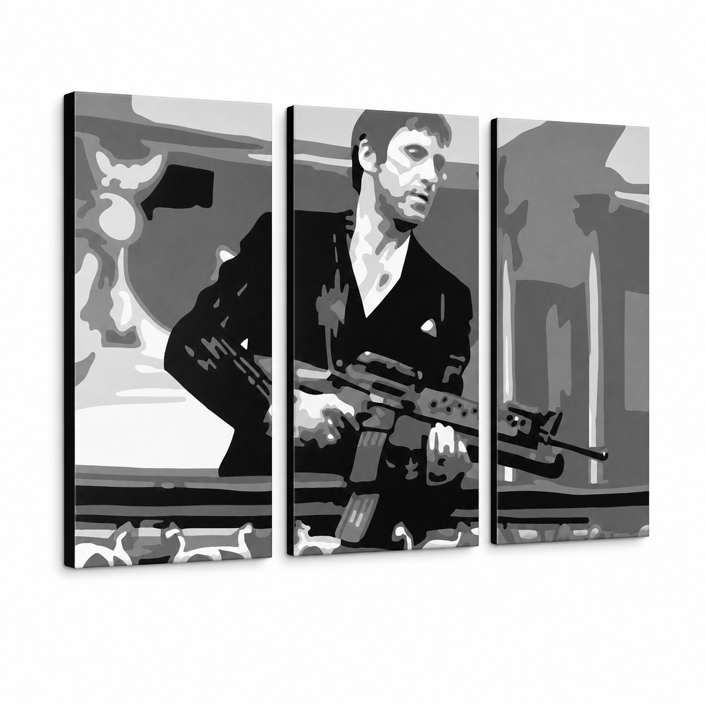 Ručně malovaný obraz POP Art AL PACINO 3 díly al2 – 3D vizualizace ručně malovaného plátna na bílém pozadí. Dominantní barvy: černá, šedá, bílá.