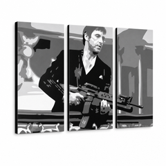 Ručně malovaný obraz POP Art AL PACINO 3 díly al2 – 3D vizualizace ručně malovaného plátna na bílém pozadí. Dominantní barvy: černá, šedá, bílá.