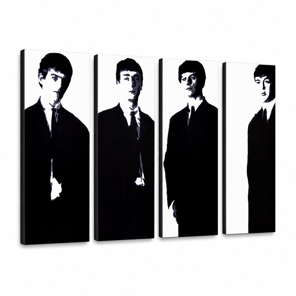 Čtyři černobílé portréty členů The Beatles na plátně s viditelným dřevěným rámem, každý na samostatném díle, tvoří dohromady umělecké dílo Papilora.
