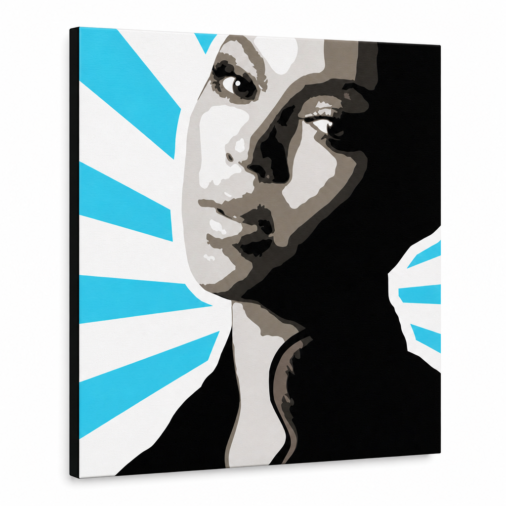 Ručně malovaný obraz POP Art BEYONCÉ 1 kus bey5 – 3D vizualizace ručně malovaného plátna na bílém pozadí. Dominantní barvy: černá, modrá, bílá, šedá, hnědá.