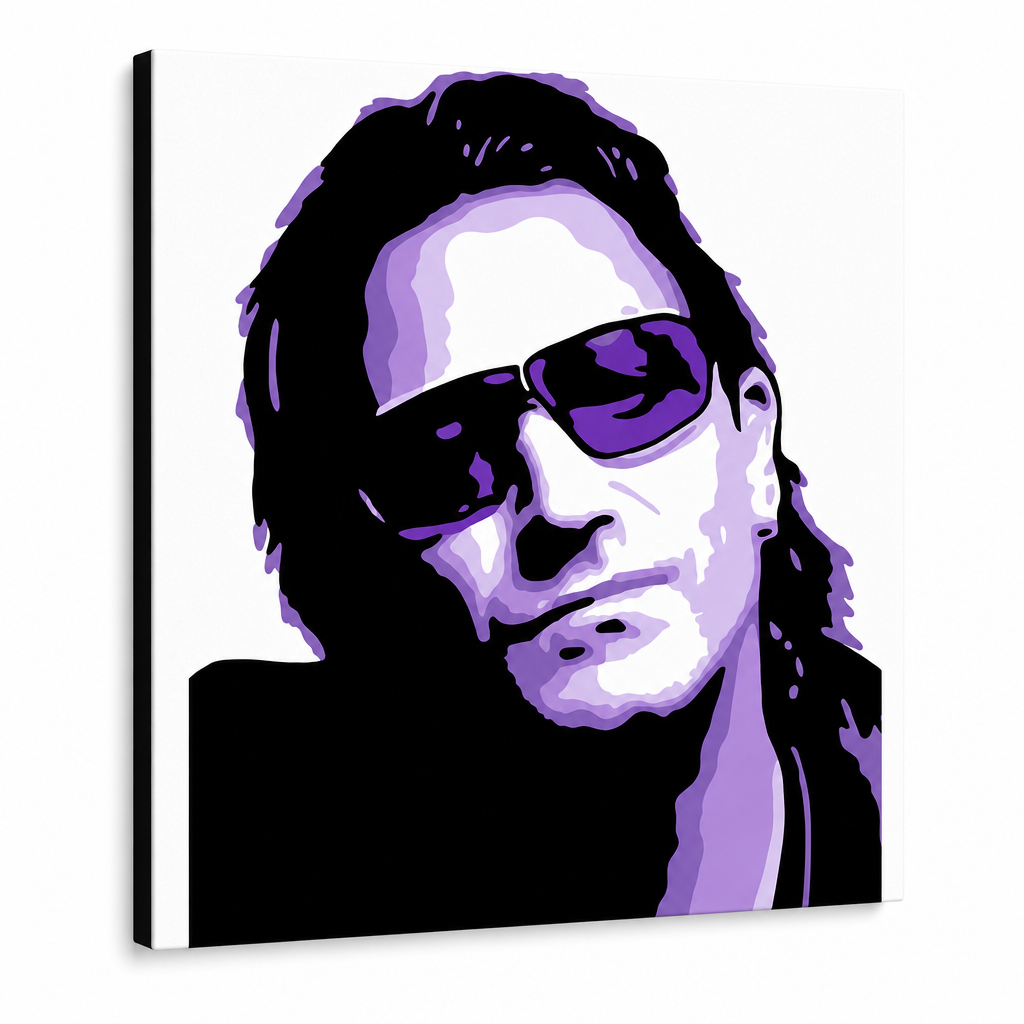 Ručně malovaný obraz POP Art Bono-U2 1 kus bono3 – 3D vizualizace ručně malovaného plátna na bílém pozadí. Dominantní barvy: černá, fialová, bílá.