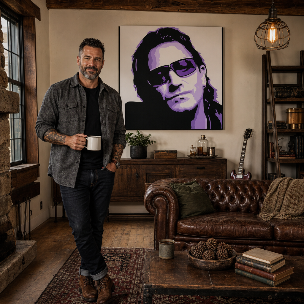 Ručně malovaný obraz POP Art Bono-U2 1 kus bono3 – obraz v moderním mužském interiéru, lifestyle vizualizace. Dominantní barvy: černá, fialová, bílá.