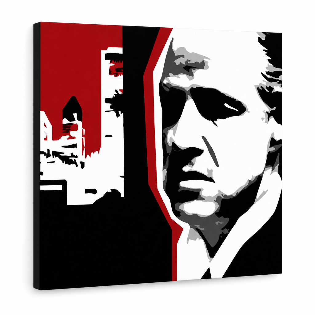 Ručně malovaný obraz POP Art Marlon Brando 1 kus mb8 – 3D vizualizace ručně malovaného plátna na bílém pozadí. Dominantní barvy: černá, bílá, červená.