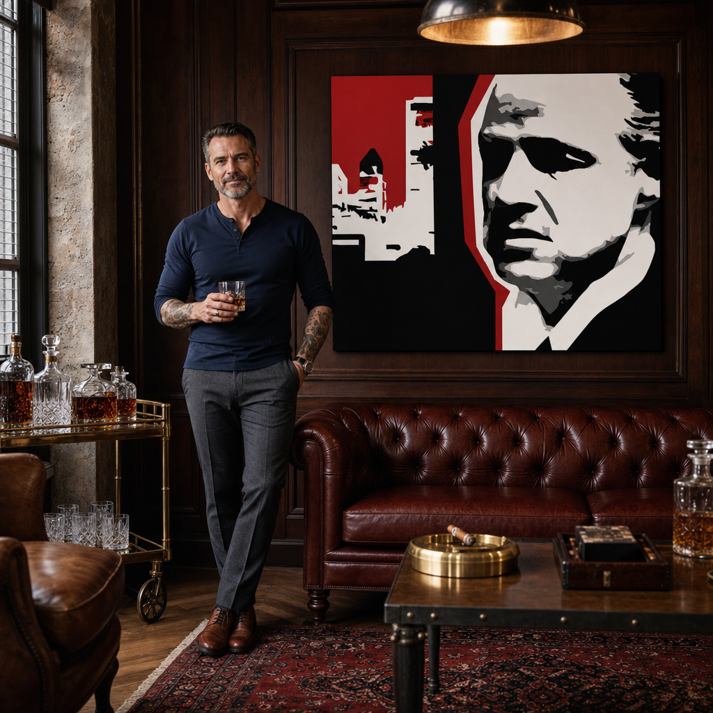 Ručně malovaný obraz POP Art Marlon Brando 1 kus mb8 – obraz v moderním mužském interiéru, lifestyle vizualizace. Dominantní barvy: černá, bílá, červená.