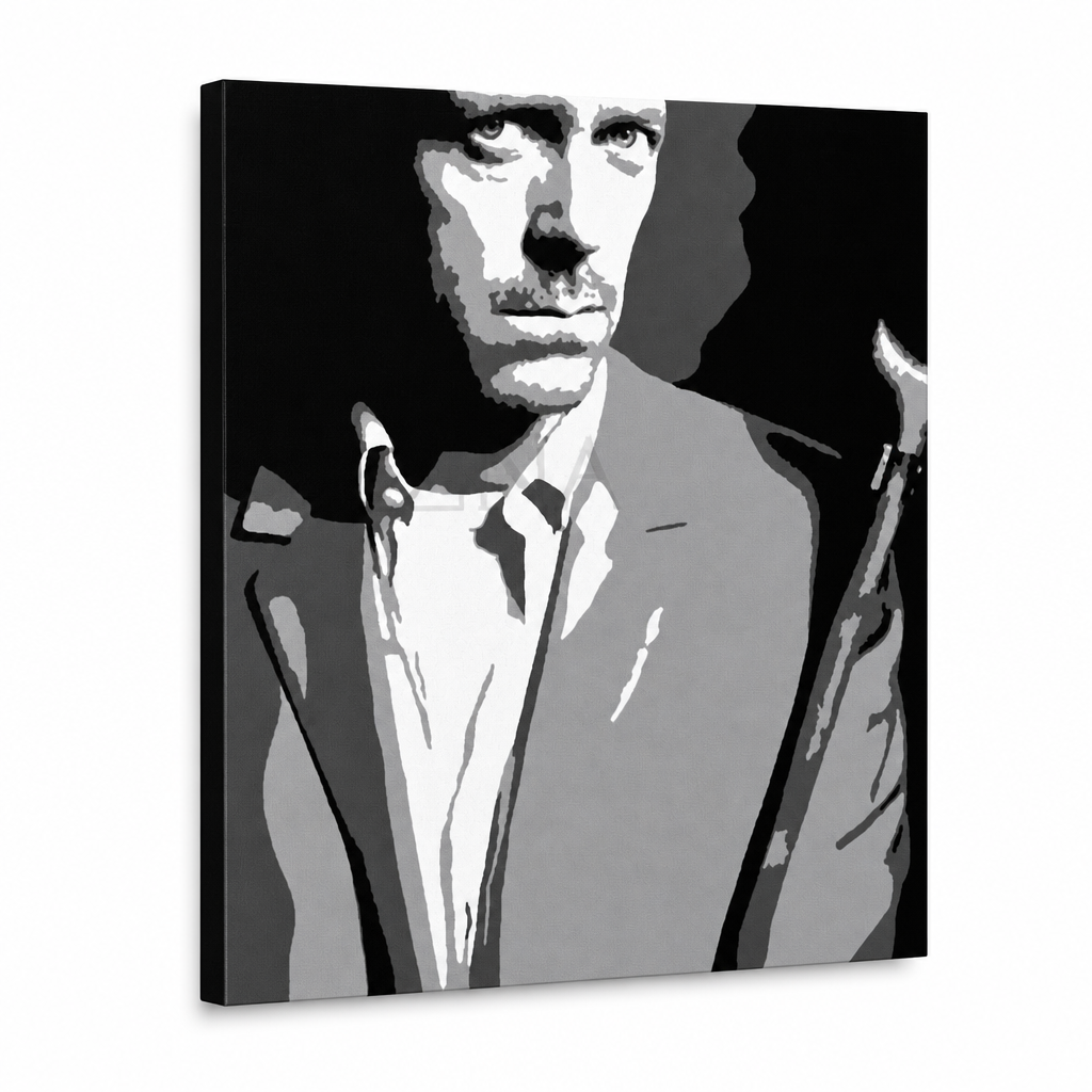 Černobílý ručně malovaný portrét Dr. House s holí na plátně s viditelným dřevěným rámem Papilora.