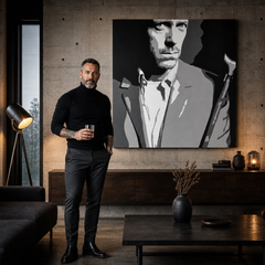 Umělecké dílo s černobílým portrétem Dr. House visící v moderním interiéru nad dřevěnou konzolí s vázou a svíčkou Papilora.