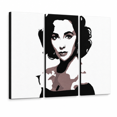 Ručně malovaný obraz POP Art Elizabeth Taylor 3 dílná et2 – 3D vizualizace ručně malovaného plátna na bílém pozadí. Dominantní barvy: černá, hnědá, bílá.
