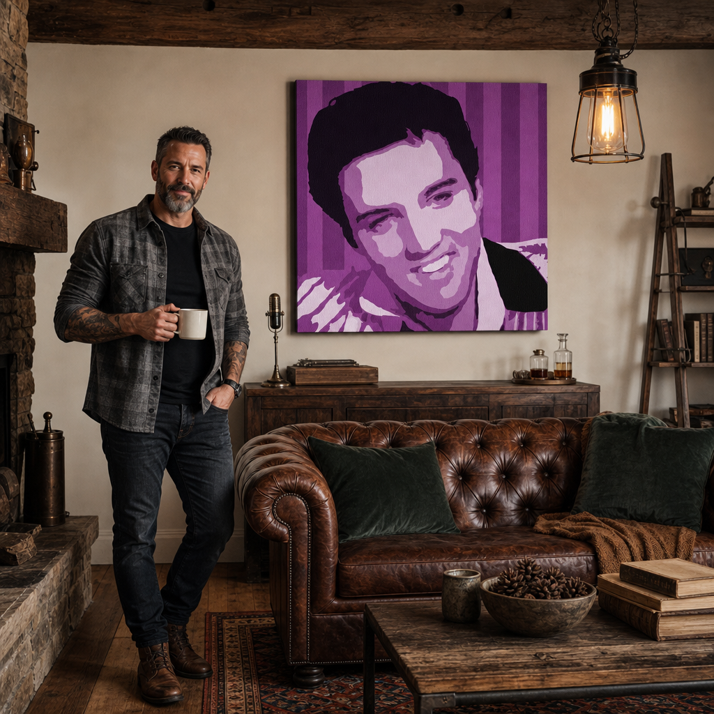 Ručně malovaný obraz POP Art Elvis Presley 1 kus el4 – obraz v moderním mužském interiéru, lifestyle vizualizace. Dominantní barvy: fialová, bílá, černá.