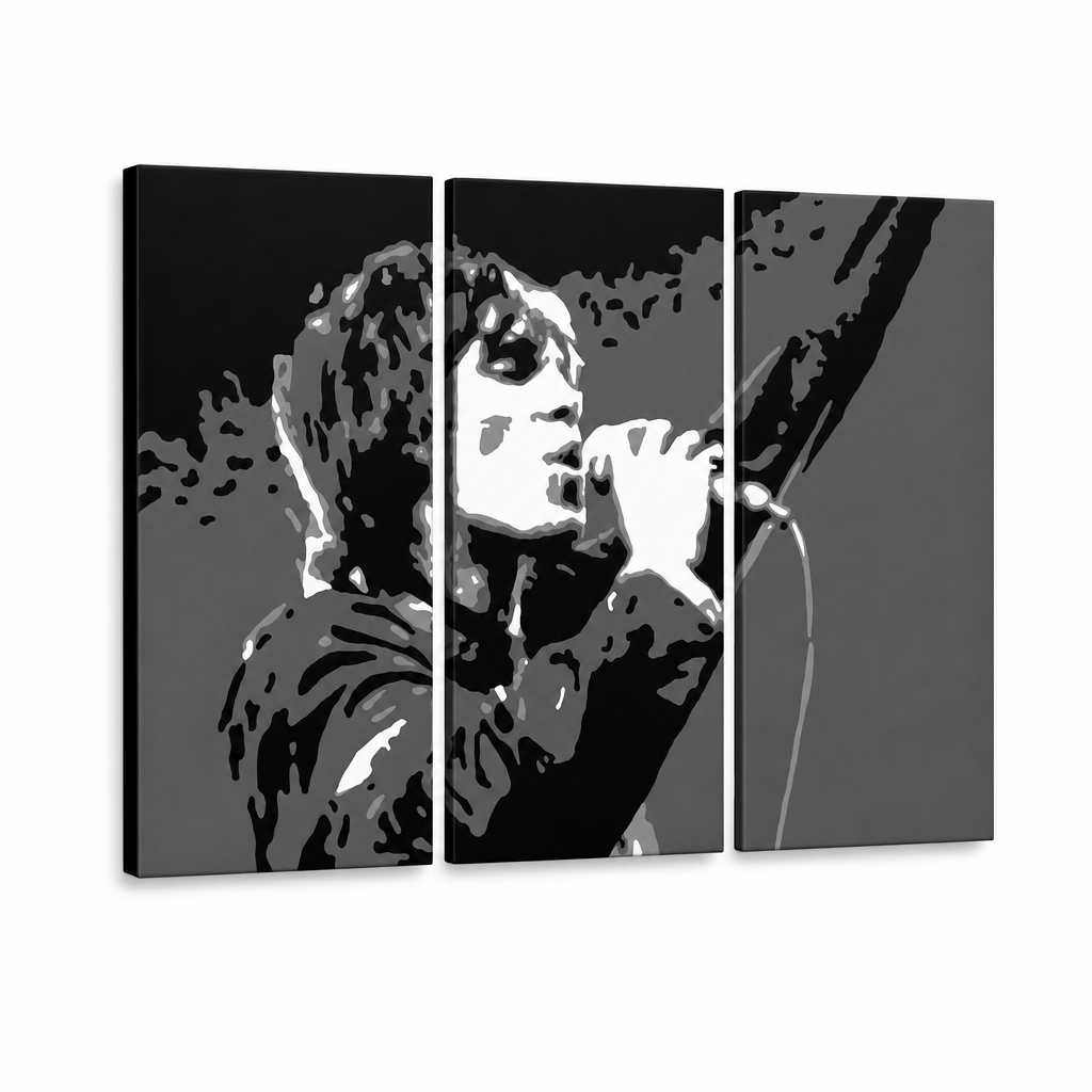Ručně malovaný obraz POP Art Ian Brown, 3 díly ib2 – 3D vizualizace ručně malovaného plátna na bílém pozadí. Dominantní barvy: černá, bílá, šedá.