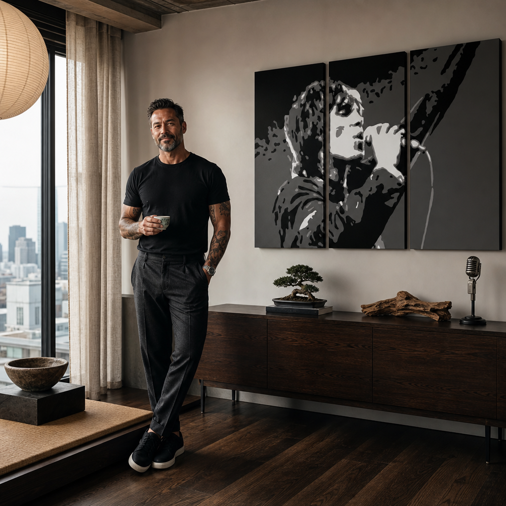Ručně malovaný obraz POP Art Ian Brown, 3 díly ib2 – obraz v moderním mužském interiéru, lifestyle vizualizace. Dominantní barvy: černá, bílá, šedá.