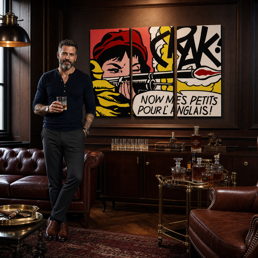 Pop-artový obraz ženy s puškou a komiksovými nápisy v červené, žluté a černé barvě visí v moderním interiéru nad dřevěnou konzolí s vázou a svíčkou Papilora.