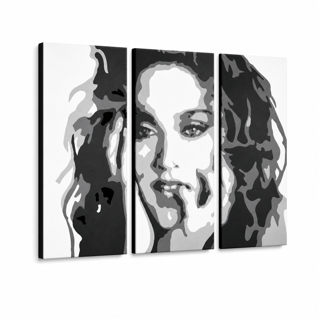 Ručně malovaný obraz POP Art MADONNA 3 díly ma3 – 3D vizualizace ručně malovaného plátna na bílém pozadí. Dominantní barvy: černá, bílá, šedá.