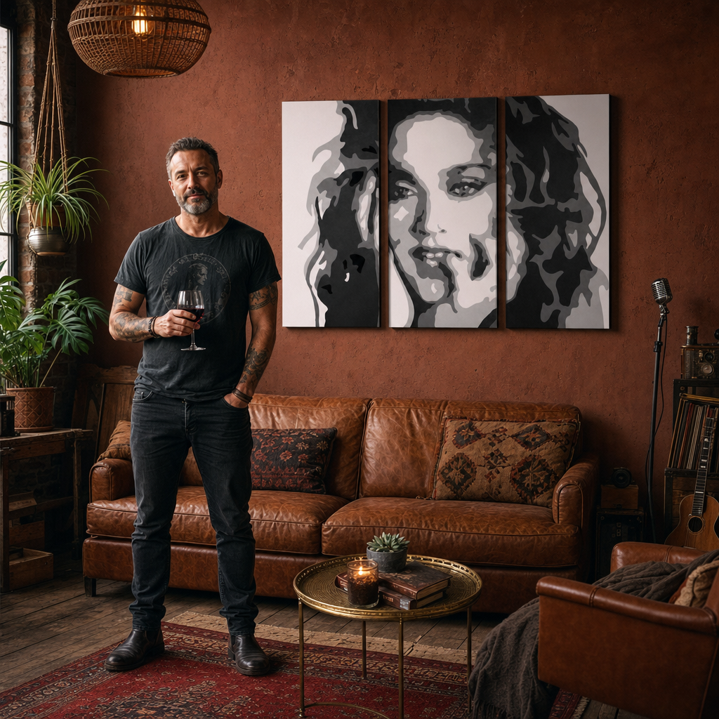 Ručně malovaný obraz POP Art MADONNA 3 díly ma3 – obraz v moderním mužském interiéru, lifestyle vizualizace. Dominantní barvy: černá, bílá, šedá.