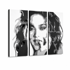 Ručně malovaný obraz POP Art MADONNA 3 díly ma3 – 3D vizualizace ručně malovaného plátna na bílém pozadí. Dominantní barvy: černá, bílá, šedá.
