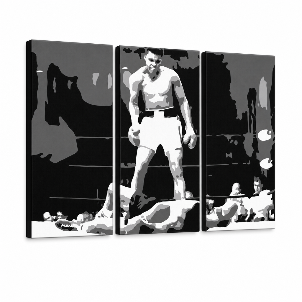 Ručně malované plátno zobrazuje Muhammada Aliho v boxerském ringu v černobílých tónech, s viditelným dřevěným rámem Papilora.