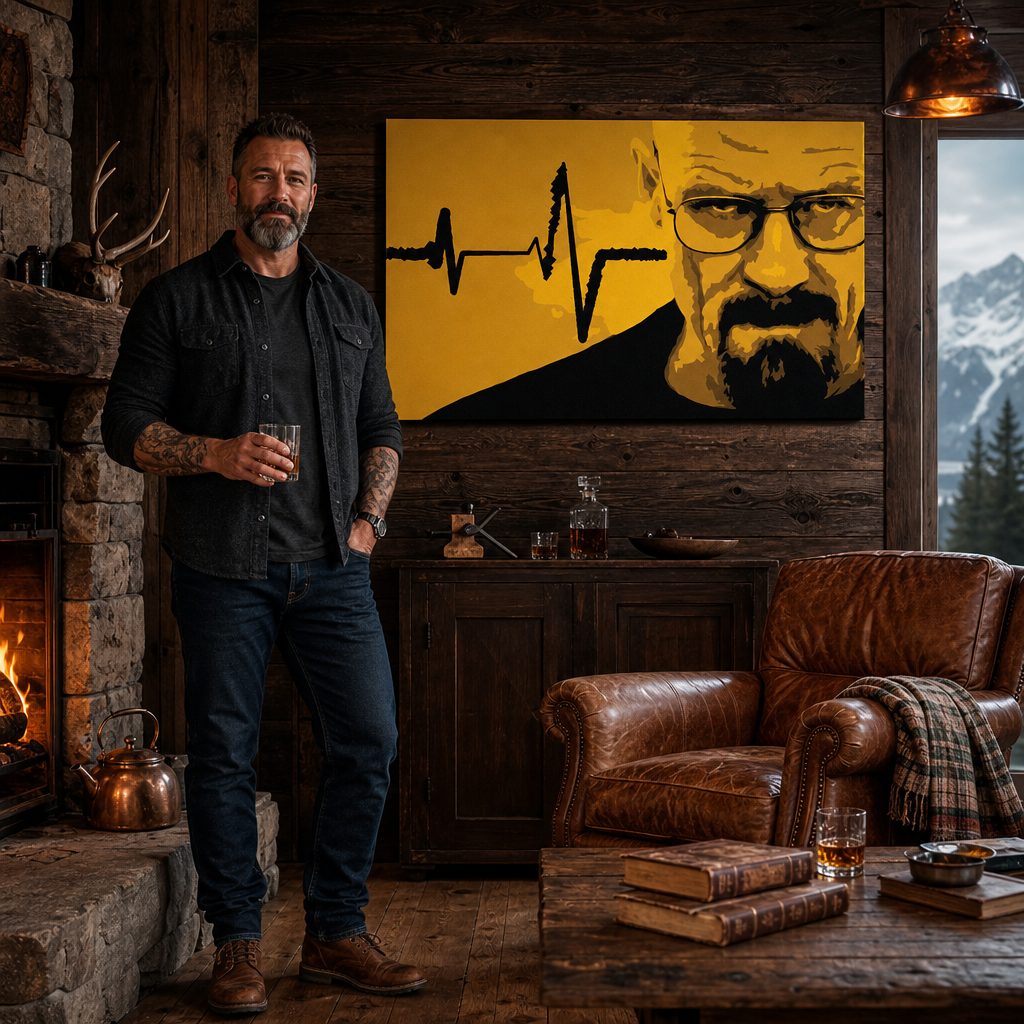 Obraz s portrétem Waltera Whitea a EKG křivkou visí v moderním interiéru nad dřevěnou konzolí s vázou a svíčkou Papilora.