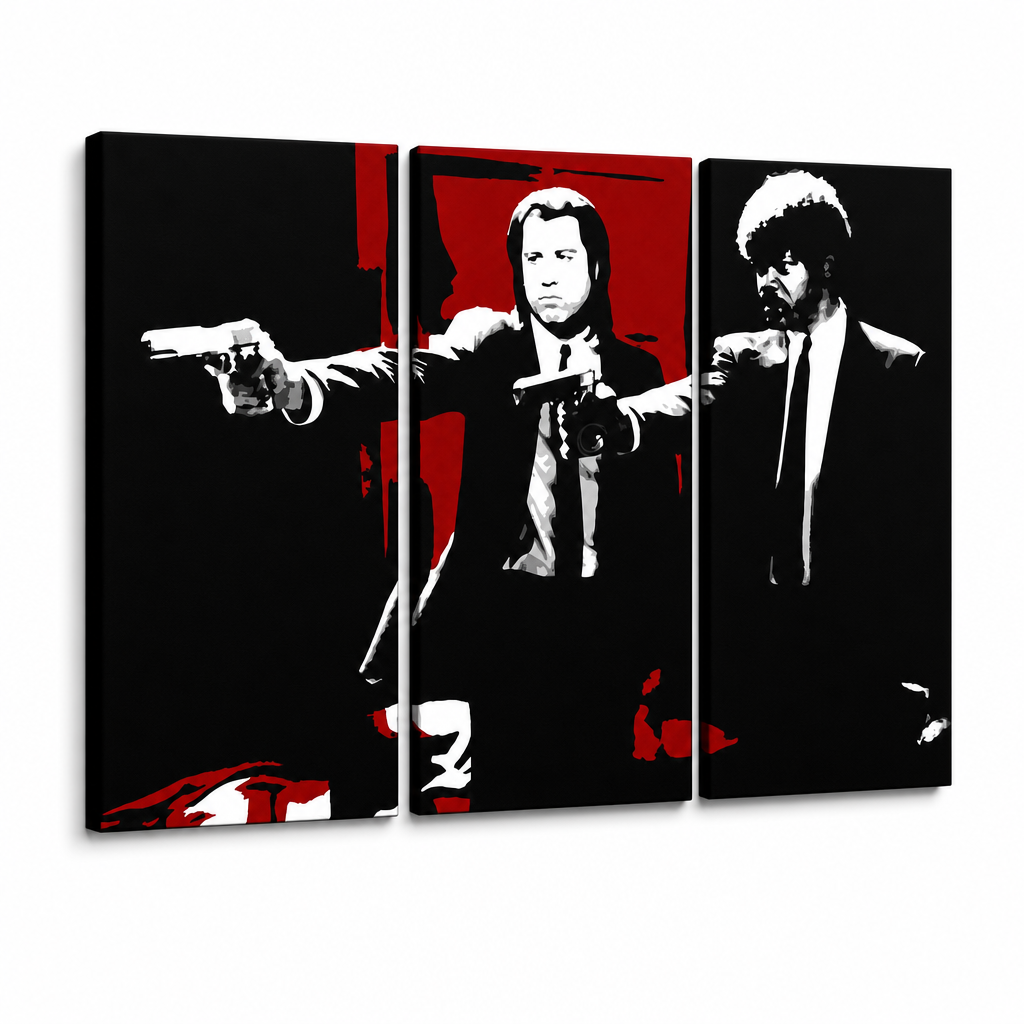 Třídílné ručně malované plátno s motivem postav z filmu Pulp Fiction v černé a červené barvě, s viditelným dřevěným rámem Papilora.
