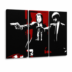 Třídílné ručně malované plátno s motivem postav z filmu Pulp Fiction v černé a červené barvě, s viditelným dřevěným rámem Papilora.