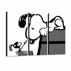 Ručně malované plátno zobrazuje černobílý motiv Snoopyho a Woodstocka, kde Woodstock maluje Snoopyho, s viditelným dřevěným rámem Papilora.